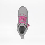 The FINAL SALE - Grey/Pink BILLY D|R Short Wrap High Tops by BILLY Footwear are gray sneakers with bright pink laces, a side zipper detail, and removable insoles, shown from above against a plain white background.