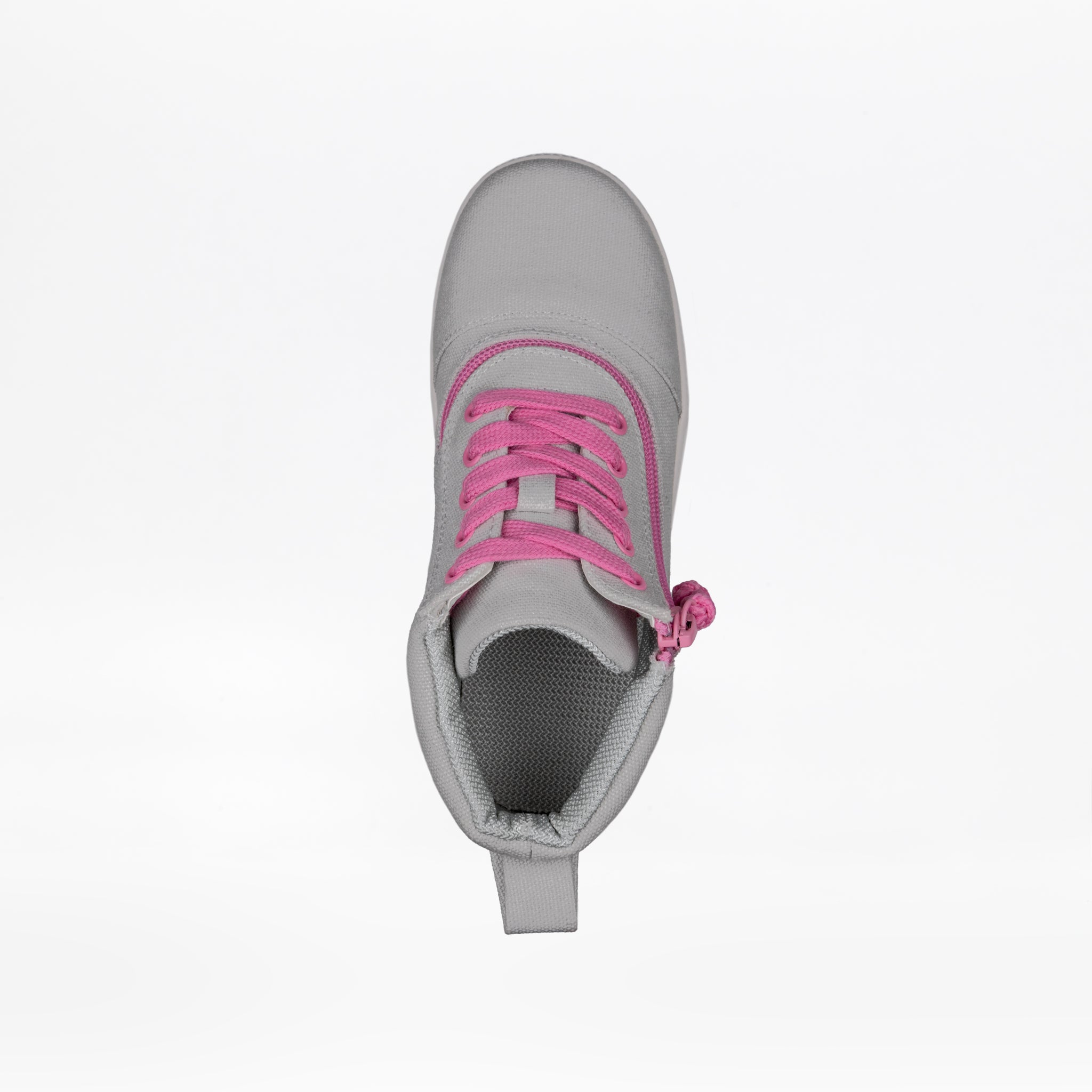 The FINAL SALE - Grey/Pink BILLY D|R Short Wrap High Tops by BILLY Footwear are gray sneakers with bright pink laces, a side zipper detail, and removable insoles, shown from above against a plain white background.