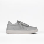 The FINAL SALE - Grey BILLY D|R Short Wrap Low Tops by BILLY Footwear are light gray canvas sneakers with a white rubber sole, detailed stitching, and gray laces—designed to be AFO-friendly for comfort and support. Shown in profile on a white background.