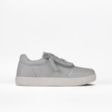 The FINAL SALE - Grey BILLY D|R Short Wrap Low Tops by BILLY Footwear are light gray canvas sneakers with a white rubber sole, detailed stitching, and gray laces—designed to be AFO-friendly for comfort and support. Shown in profile on a white background.