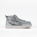 The FINAL SALE - Silver Streak BILLY Classic D|R High is a light gray high-top sneaker with a white sole and black-and-white striped side panel, adjustable fit, shown in profile on a plain white background.