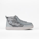 The FINAL SALE - Silver Streak BILLY Classic D|R High is a light gray high-top sneaker with a white sole and black-and-white striped side panel, adjustable fit, shown in profile on a plain white background.