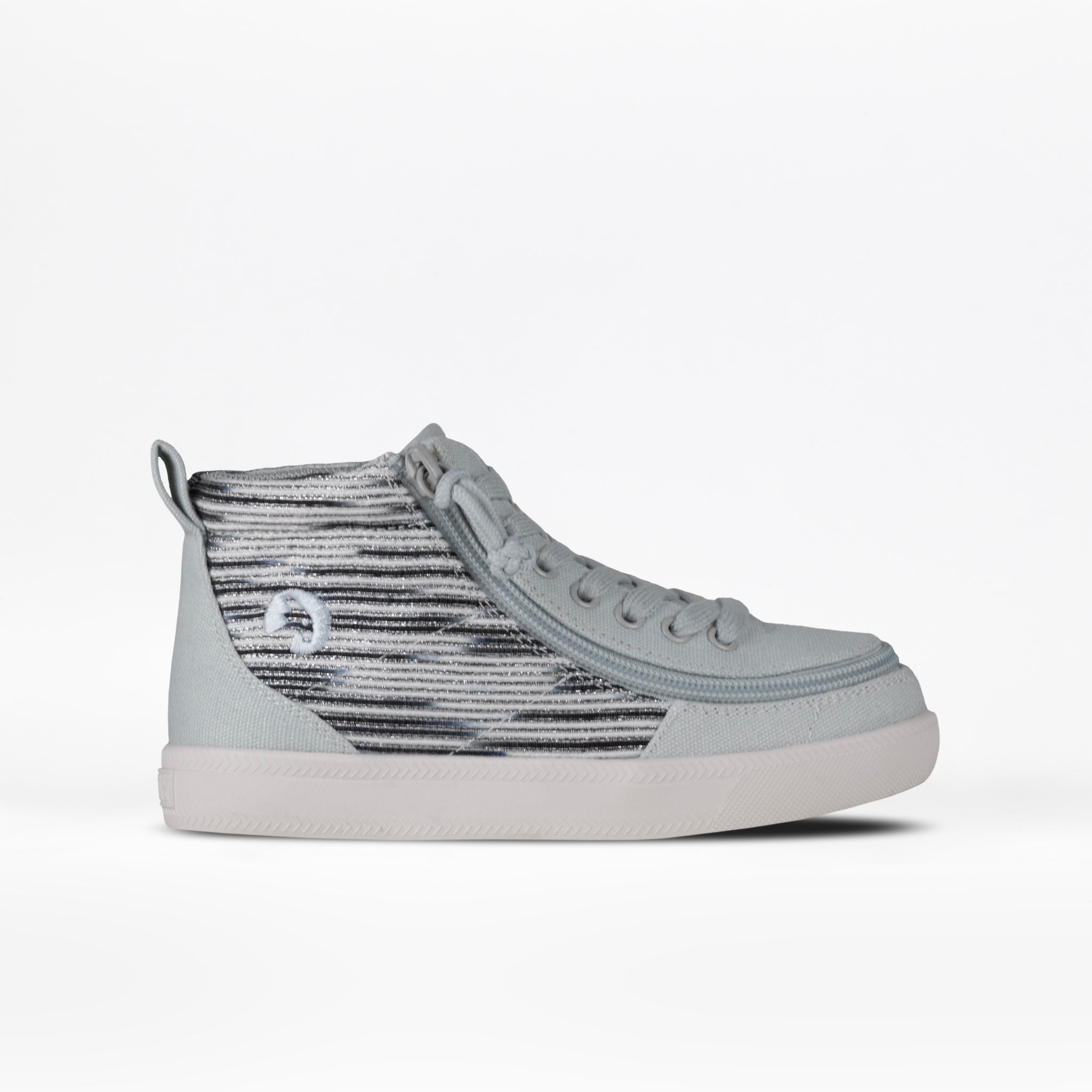 The FINAL SALE - Silver Streak BILLY Classic D|R High is a light gray high-top sneaker with a white sole and black-and-white striped side panel, adjustable fit, shown in profile on a plain white background.