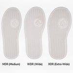 Three white removable insoles for the FINAL SALE - Pink BILLY Classic D|R High by BILLY Footwear are shown side by side, labeled MDR, WDR, and XDR to highlight width options and a textured pattern with a logo near the heel.