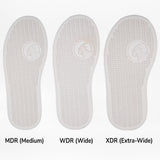Three white removable insoles for the FINAL SALE - Pink BILLY Classic D|R High by BILLY Footwear are shown side by side, labeled MDR, WDR, and XDR to highlight width options and a textured pattern with a logo near the heel.