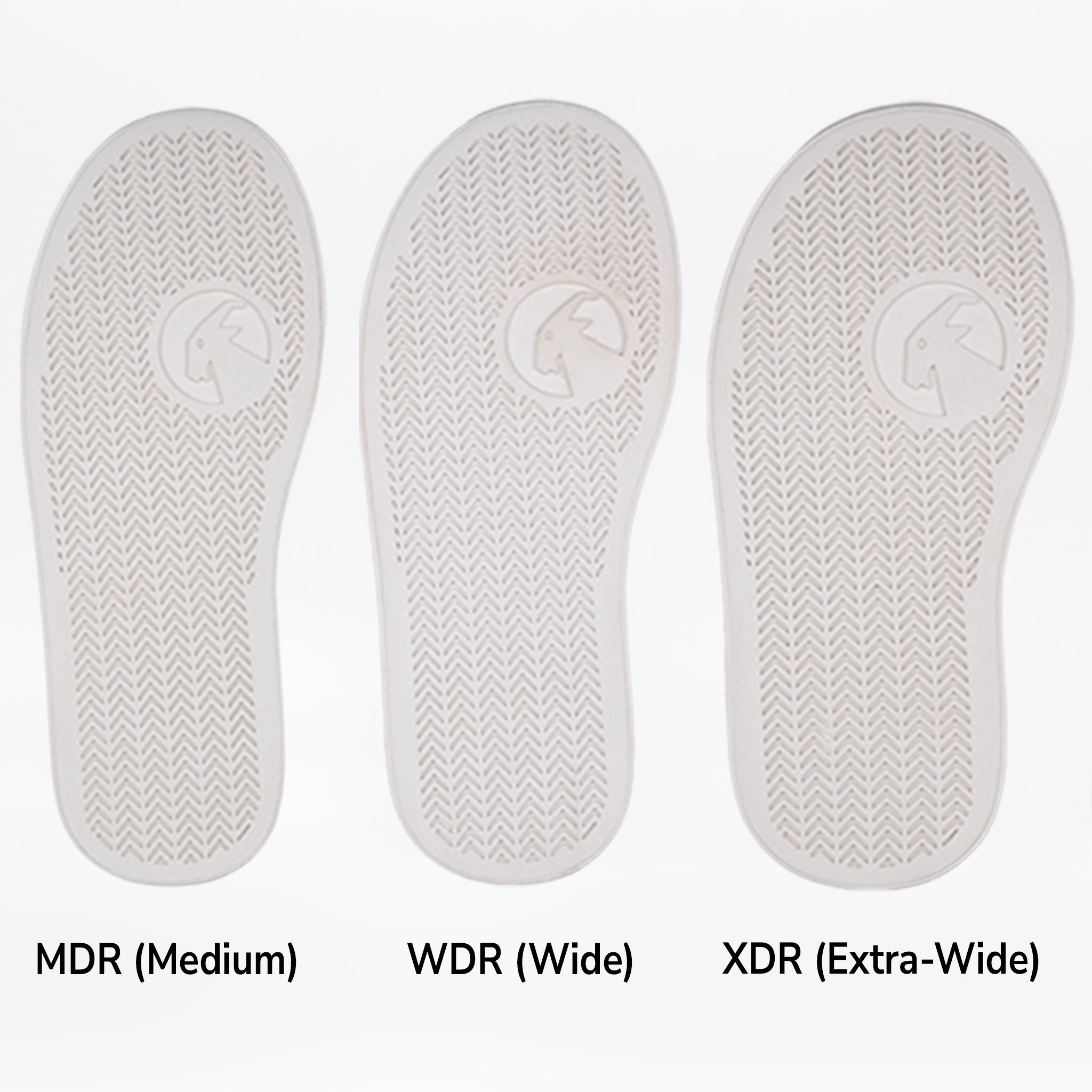Three white removable insoles for the FINAL SALE - Pink BILLY Classic D|R High by BILLY Footwear are shown side by side, labeled MDR, WDR, and XDR to highlight width options and a textured pattern with a logo near the heel.
