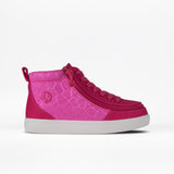 The FINAL SALE - Pink Print BILLY Classic D|R High is a pink high-top sneaker with a white sole, subtle geometric pattern, and side zipper for an adjustable fit along the laces, shown on a plain white background.