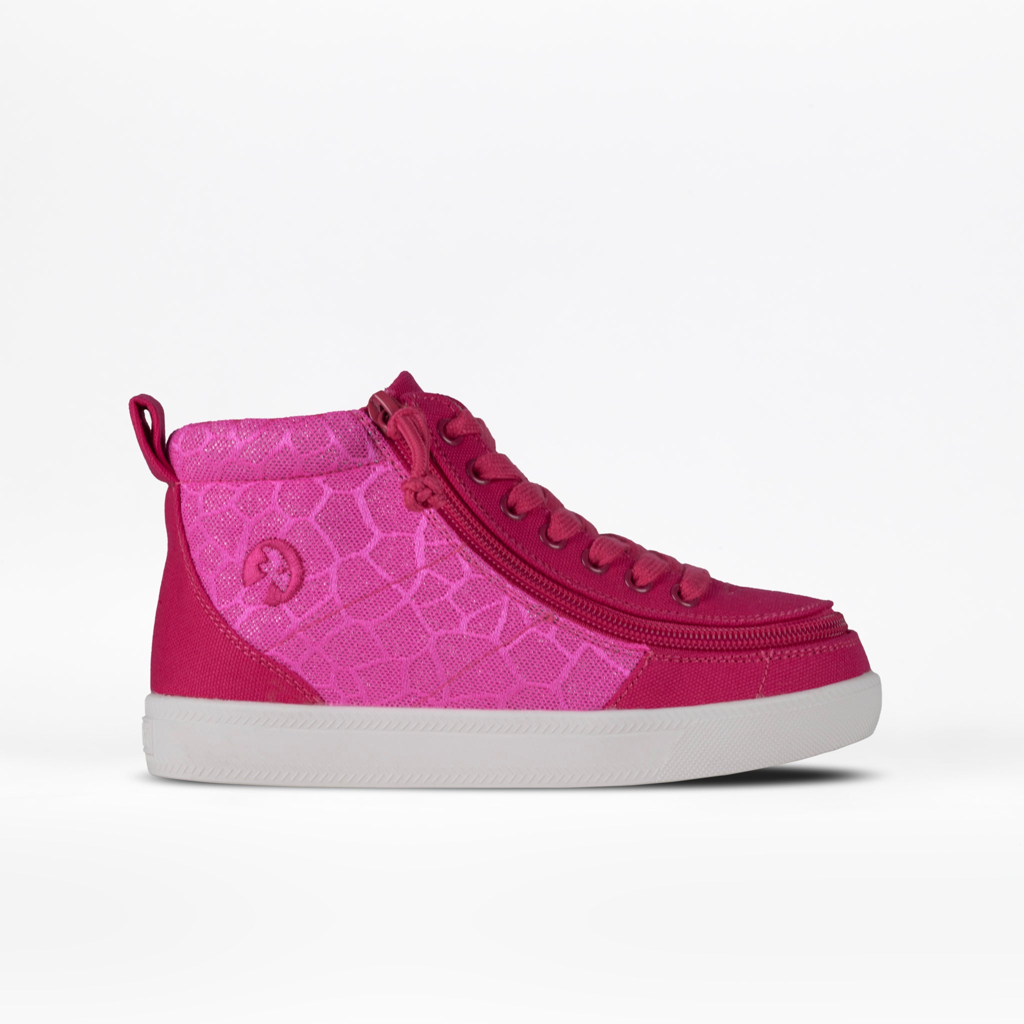 The FINAL SALE - Pink Print BILLY Classic D|R High is a pink high-top sneaker with a white sole, subtle geometric pattern, and side zipper for an adjustable fit along the laces, shown on a plain white background.