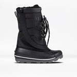 Black winter boot with a white background