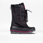Black winter boot with pink accents on a white background