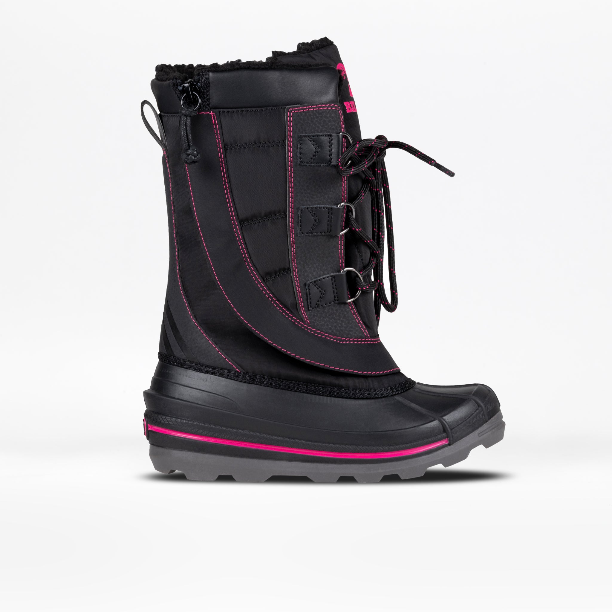 Black winter boot with pink accents on a white background