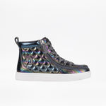 High-top sneaker with iridescent pattern on a white background