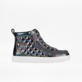 High-top sneaker with iridescent pattern on a white background