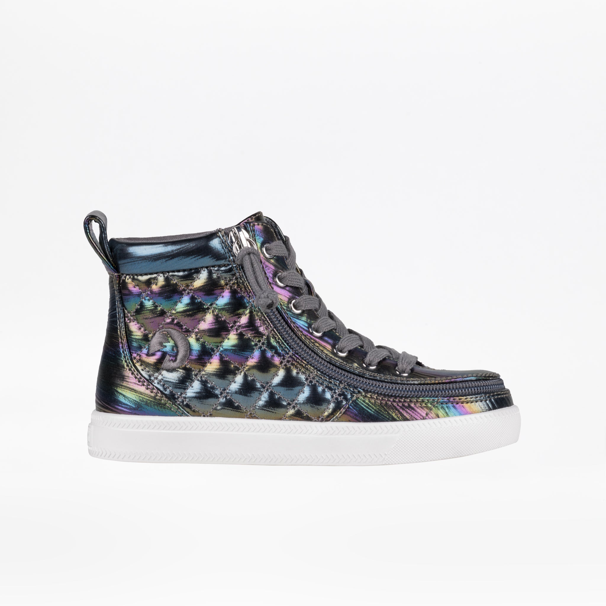 High-top sneaker with iridescent pattern on a white background