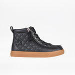 Black quilted high-top sneaker with a brown sole on a white background