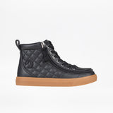 Black quilted high-top sneaker with a brown sole on a white background