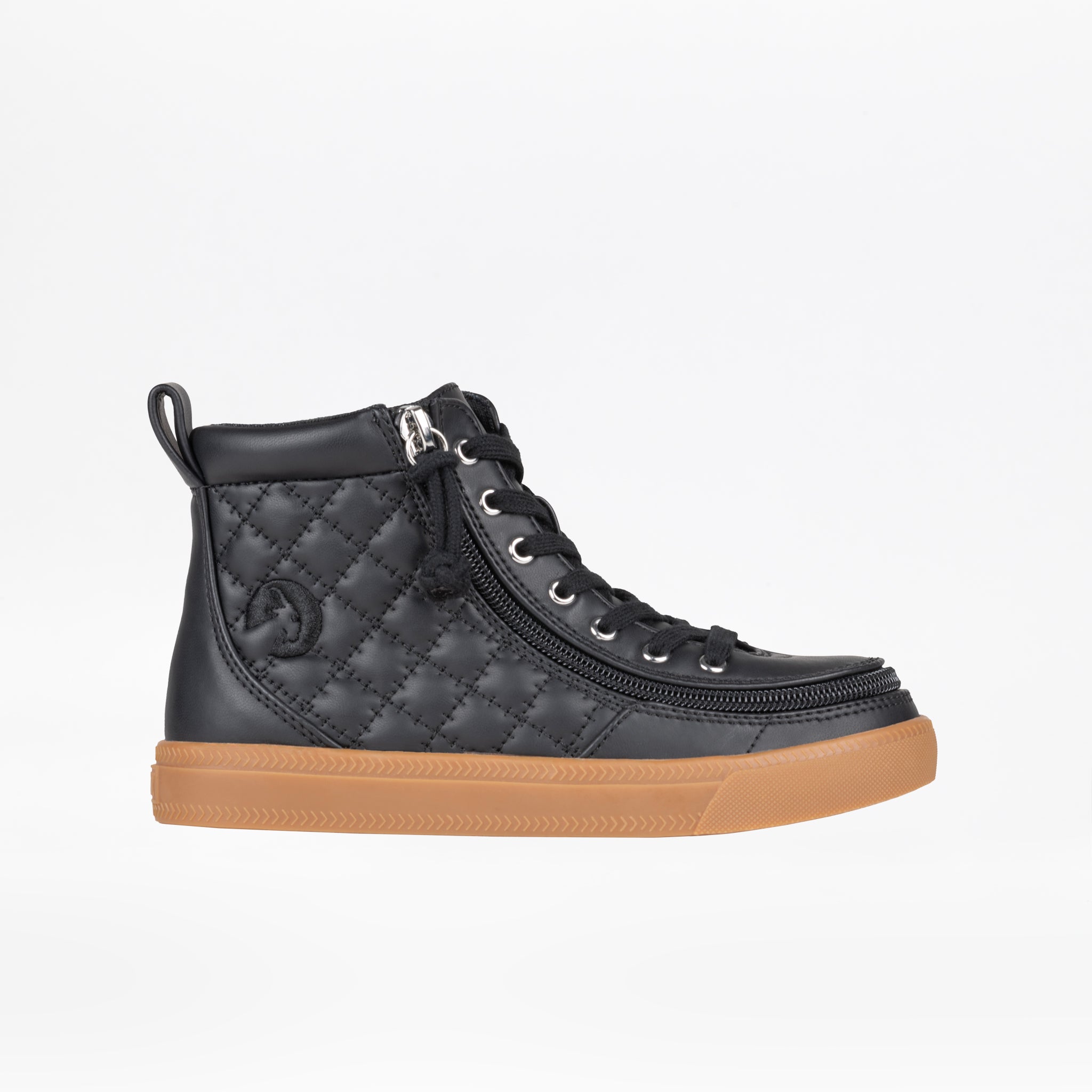 Black quilted high-top sneaker with a brown sole on a white background