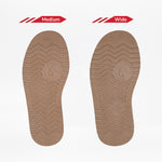 Two Chestnut BILLY Cozy Slipper soles from BILLY Footwear are side by side on a white background. The left is Medium, the right Wide—both feature zigzag tread patterns and a circular logo, ideal for women’s slipper collections.