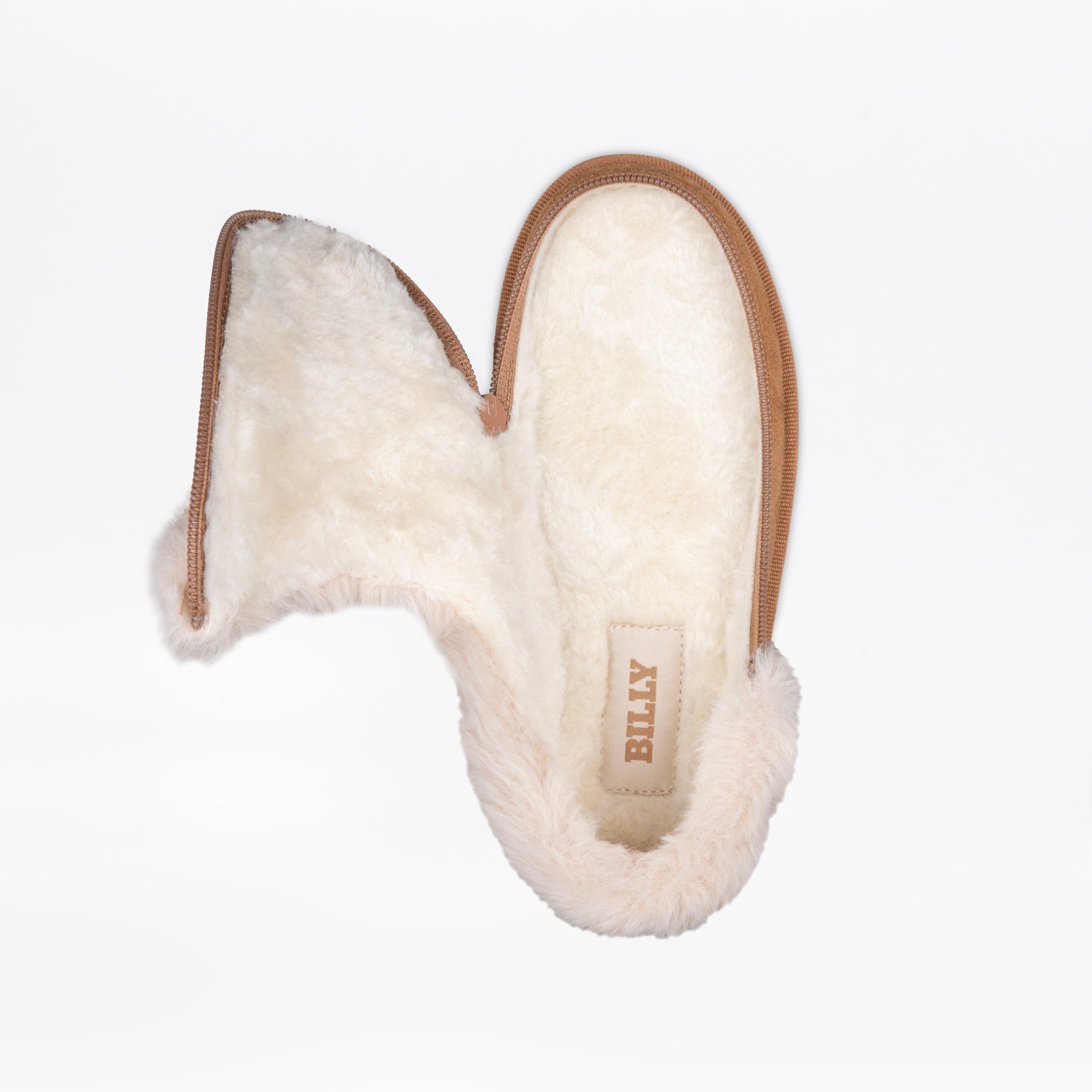 A single Chestnut BILLY Cozy Slipper for women by BILLY Footwear, lined with fluffy white faux fur and shown from above. The unzipped side reveals the soft interior and branded insole, making it ideal for those seeking wide slippers.