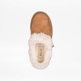 A single chestnut BILLY Cozy Slipper by BILLY Footwear with fluffy white faux fur lining, shown from above on a white background. The insole is labeled BILLY, perfect for women's slippers or wide slippers seekers.