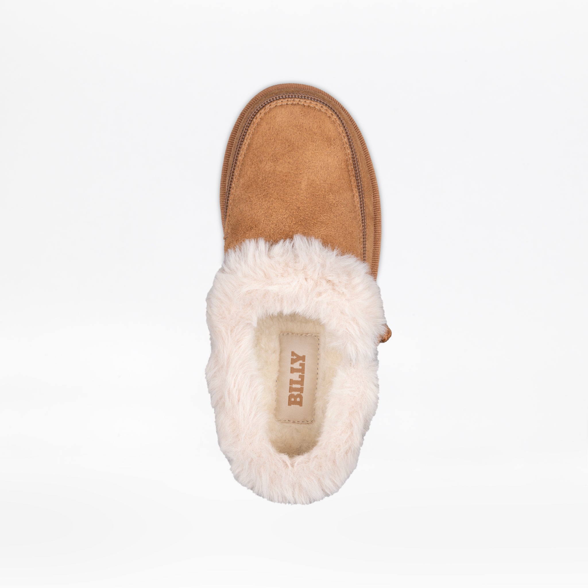 A single chestnut BILLY Cozy Slipper by BILLY Footwear with fluffy white faux fur lining, shown from above on a white background. The insole is labeled BILLY, perfect for women's slippers or wide slippers seekers.