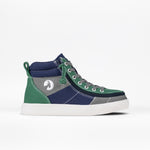 A pair of Earth BILLY Street High Tops sneakers with color-blocking in blue and green shades, showing the side profile with functional laces and a wraparound zipper.