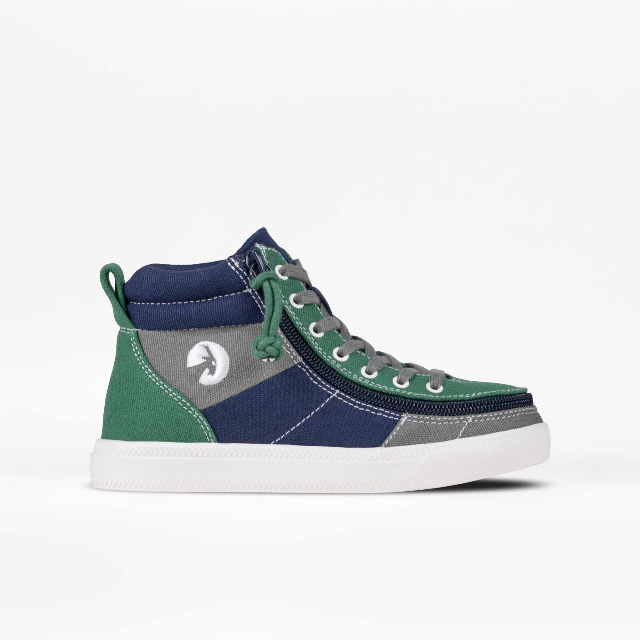 A pair of Earth BILLY Street High Tops sneakers with color-blocking in blue and green shades, showing the side profile with functional laces and a wraparound zipper.