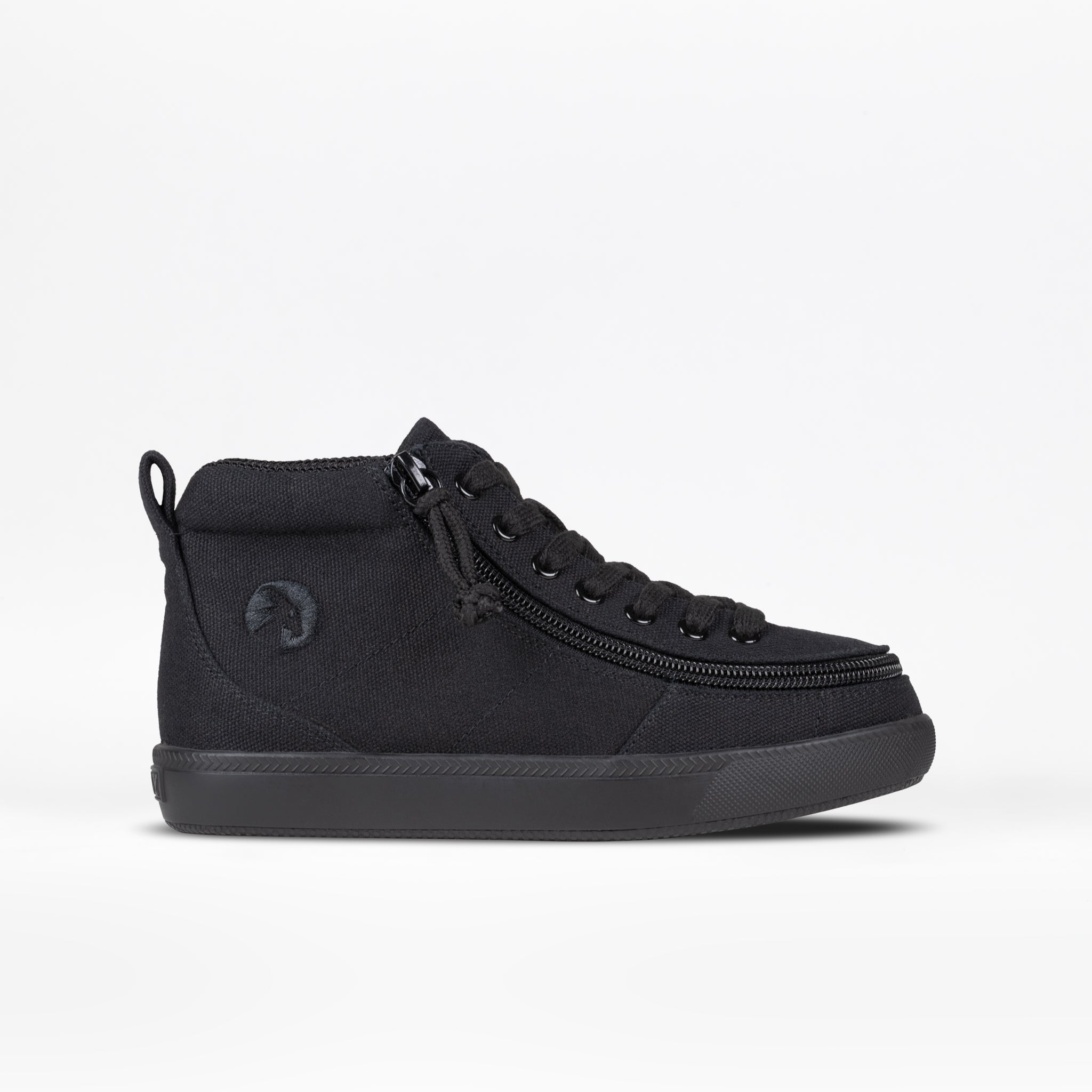 The Black to the Floor BILLY Classic D|R II High by BILLY Footwear is a black sneaker with side zipper, lace-up front, wide toe box, removable insoles, flat sole, round toe, and subtle side logo. Shown on a white background.