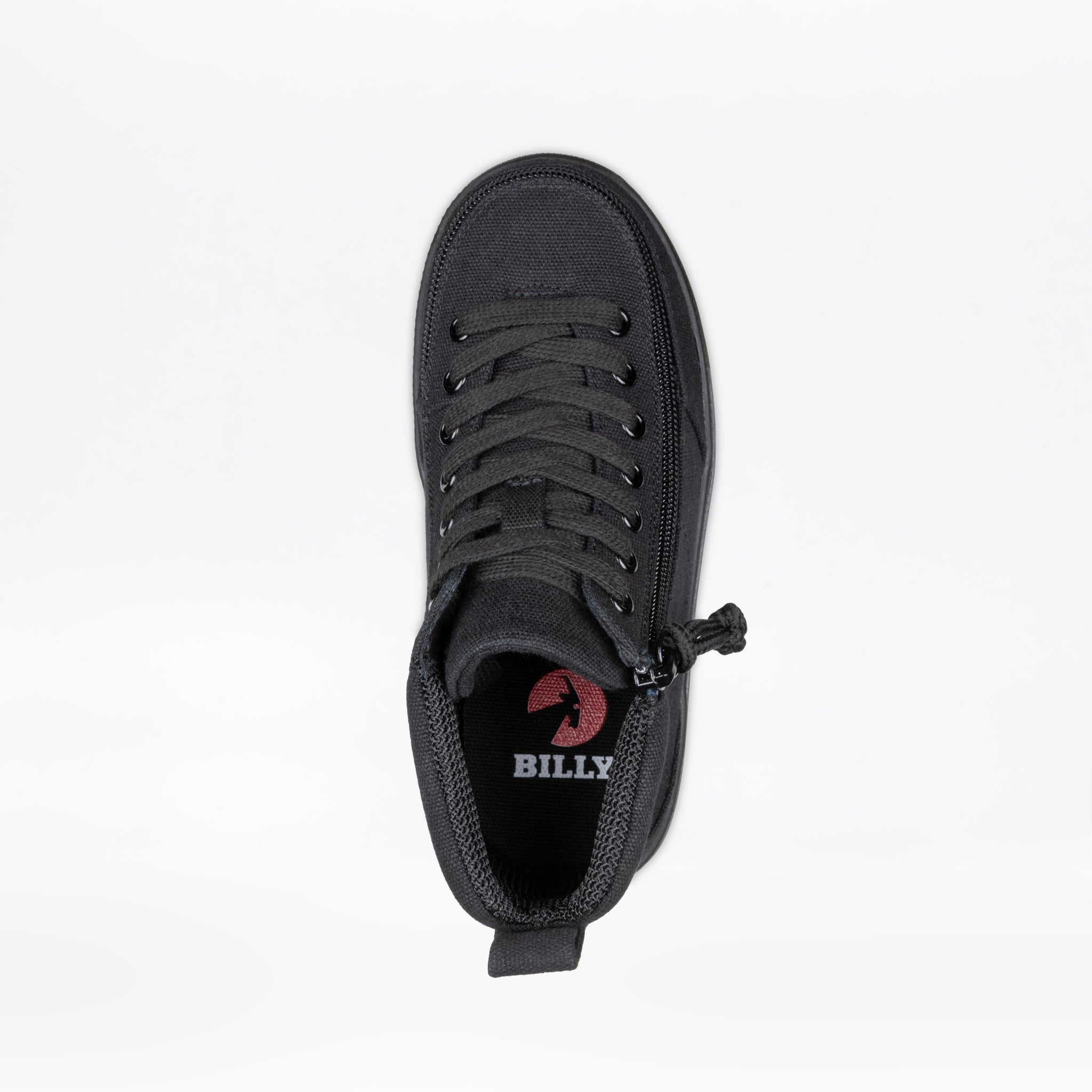 Top view of the Black to the Floor BILLY Classic D|R II High by BILLY Footwear, featuring laces, a partially open side zipper, wide toe box, and black interior with the BILLY name and red insole logo. AFO-friendly shoe shown on a white background.