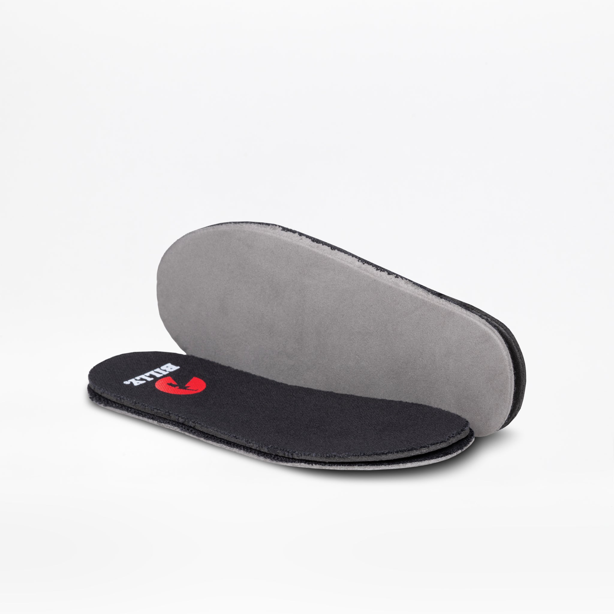 A pair of removable insoles for the BILLY Footwear SALE - Black Leopard BILLY Classic D|R II High, one lying flat with a black top and red logo, the other upright showing a grey underside, both on a white background.