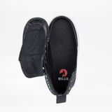 Top view of the SALE - Black Leopard BILLY Classic D|R II High sneaker by BILLY Footwear. The black shoe’s zipper opens fully around the front, revealing the inside, BILLY logo on removable insole, and AFO-friendly design.