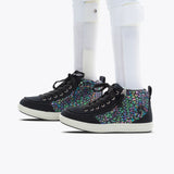 A pair of Black Leopard BILLY Classic D|R II High shoes by BILLY Footwear with colorful, mosaic-like patterns, worn by someone with white prosthetic legs, shown against a white background.