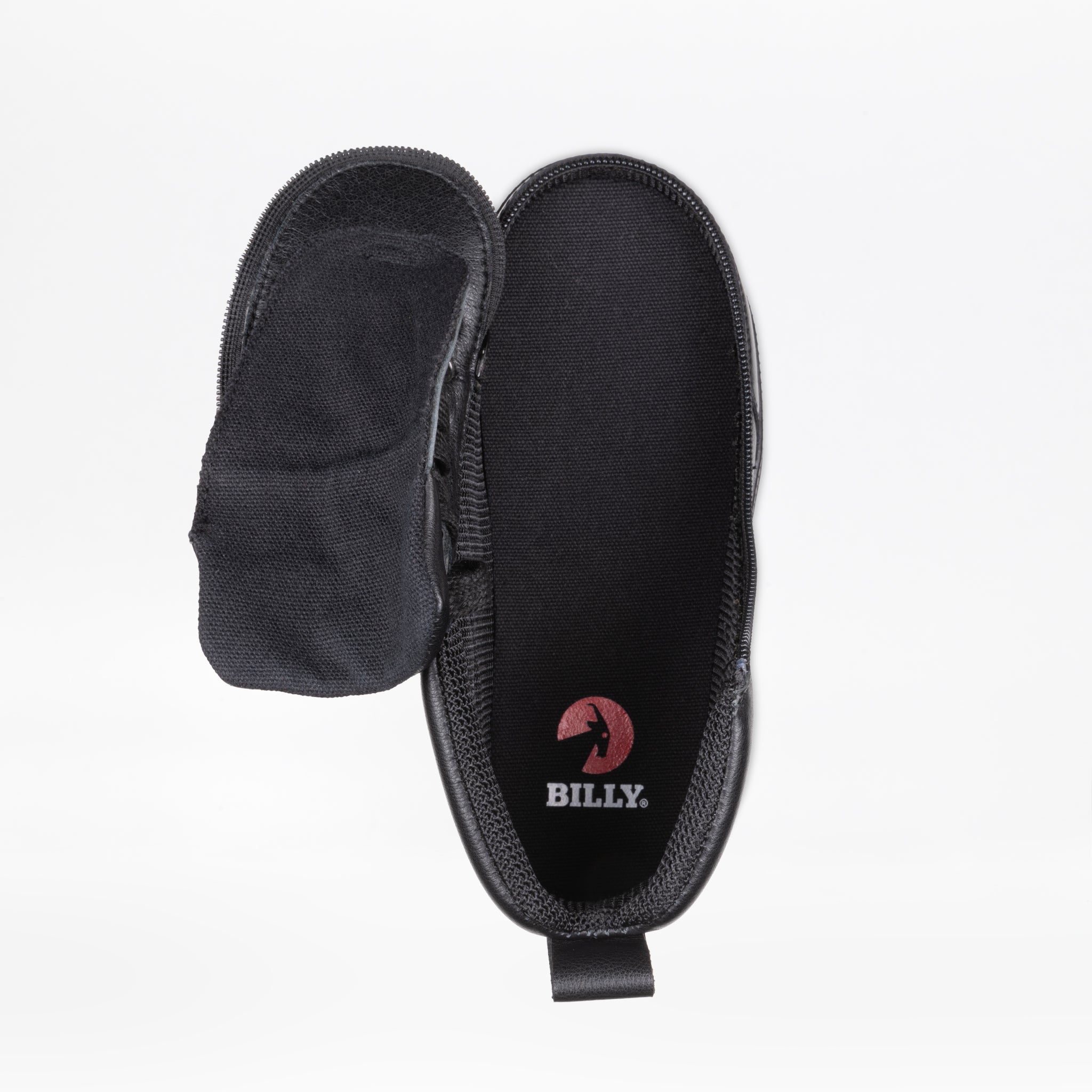 The Black to the Floor Leather BILLY Classic D|R II High by BILLY Footwear is shown unzipped to reveal the BILLY text and red logo on the insole—an AFO-friendly shoe designed for a custom fit and comfort, displayed against a white background.