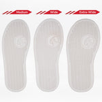 Three white removable insoles from BILLY Footwear, designed for the Black/Red Light Ups BILLY Classic D|R High, are labeled Medium, Wide, and Extra-Wide to show increasing width. Each features a subtle tread and small logo near the heel.
