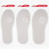 Three white removable insoles from BILLY Footwear, designed for the Black/Red Light Ups BILLY Classic D|R High, are labeled Medium, Wide, and Extra-Wide to show increasing width. Each features a subtle tread and small logo near the heel.