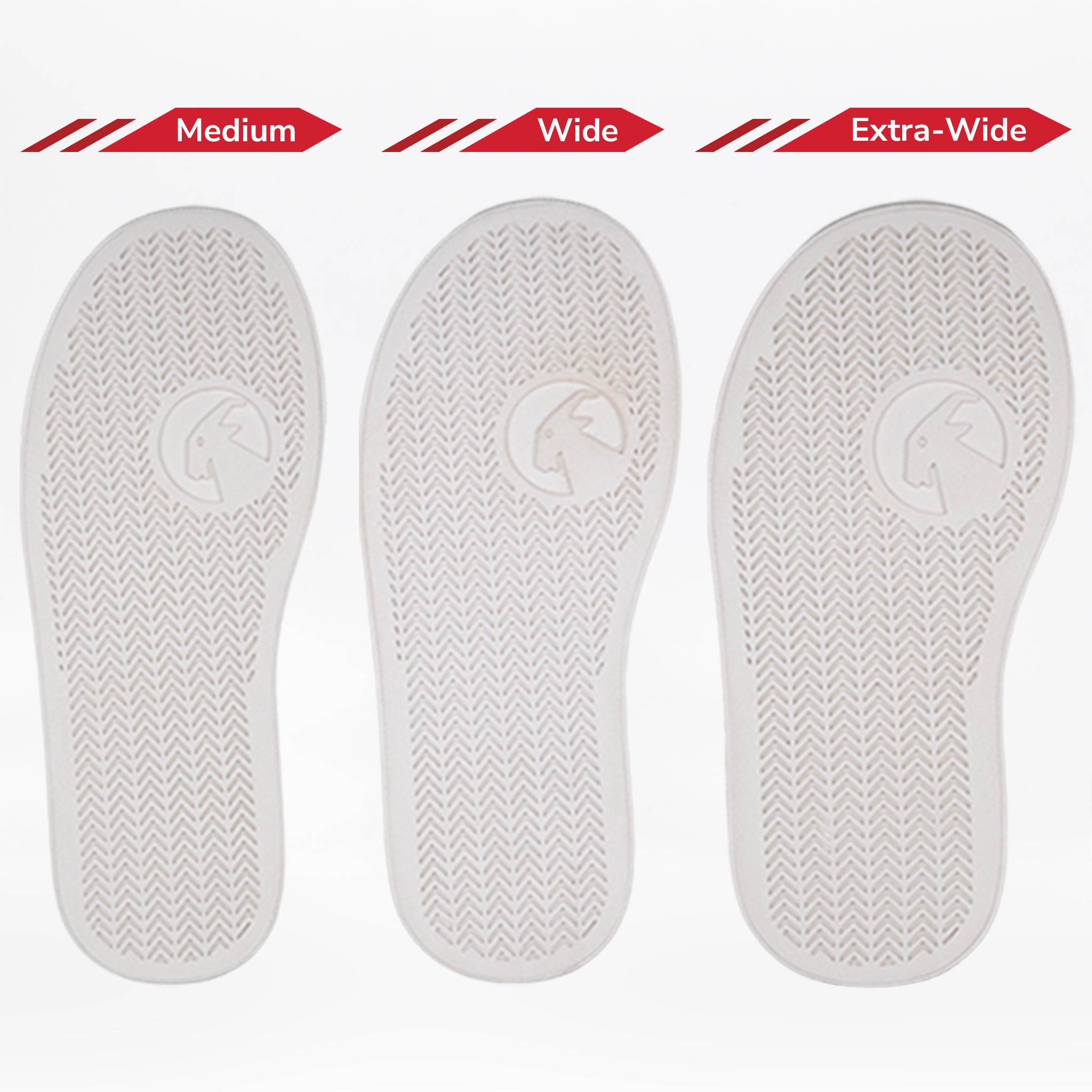 Three white removable insoles from BILLY Footwear, designed for the Black/Red Light Ups BILLY Classic D|R High, are labeled Medium, Wide, and Extra-Wide to show increasing width. Each features a subtle tread and small logo near the heel.