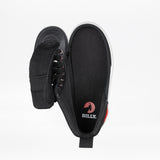 The Black/Red Light Ups BILLY Classic D|R High by BILLY Footwear is an AFO-friendly sneaker with a fully unzipped sole, showing the upper folded to the side and removable insoles featuring the BILLY logo in white and red for comfort.