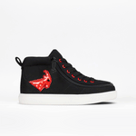 The BILLY Footwear Black/Red Light Ups BILLY Classic D|R High is a black high-top sneaker with red eyelets, side zipper, and a red light-up dinosaur patch. It features removable insoles, a white sole, is AFO-friendly, and is shown on a plain white background.