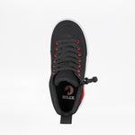 Top view of the Black/Red Light Ups BILLY Classic D|R High by BILLY Footwear, an AFO-friendly sneaker with red eyelets, black laces, a heel pull tab, and a white/red BILLY logo on the insole. Shoe shown on a plain white background.
