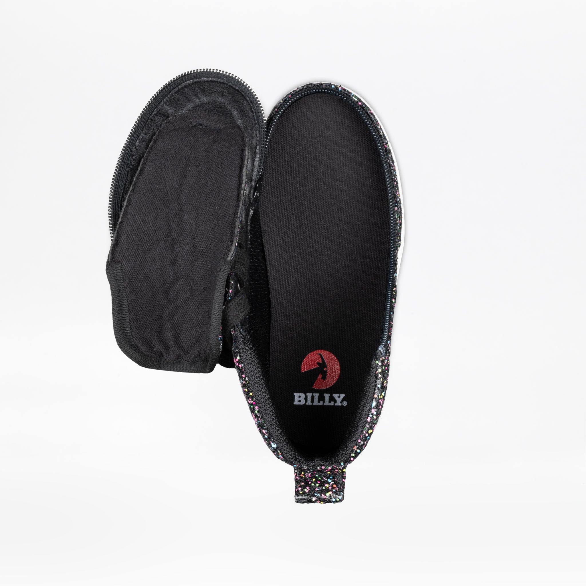 The Black Multi Glitter BILLY Classic D|R II High by BILLY Footwear is a black kids’ shoe with multicolored glitter, an open side zipper, and a red BILLY logo insole. AFO-friendly—ideal for kids who wear braces.