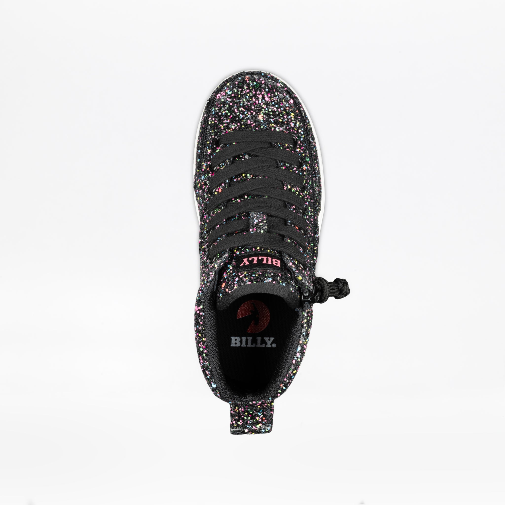 Top view of the BILLY Footwear Black Multi Glitter BILLY Classic D|R II High sneaker, featuring multicolored glitter, black laces, and a "BILLY" insole—AFO-friendly shoes for kids shown on a plain white background.