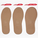 Three tan insoles are displayed side by side as Medium, Wide, and Extra-Wide, emphasizing width options for use in the Dark Grey BILLY Classic D|R II High shoes by BILLY Footwear and kids' orthopedic footwear.