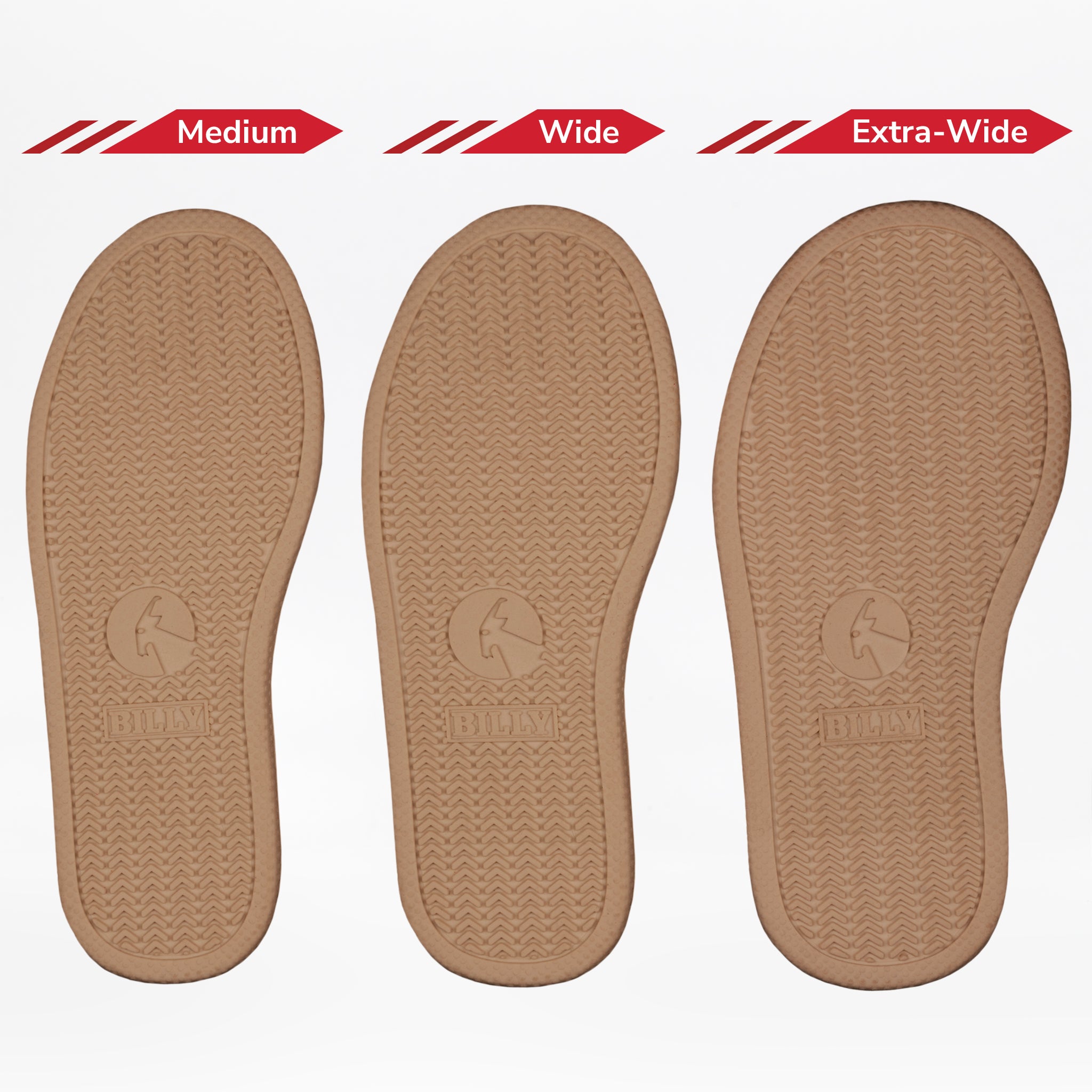 Three tan insoles are displayed side by side as Medium, Wide, and Extra-Wide, emphasizing width options for use in the Dark Grey BILLY Classic D|R II High shoes by BILLY Footwear and kids' orthopedic footwear.