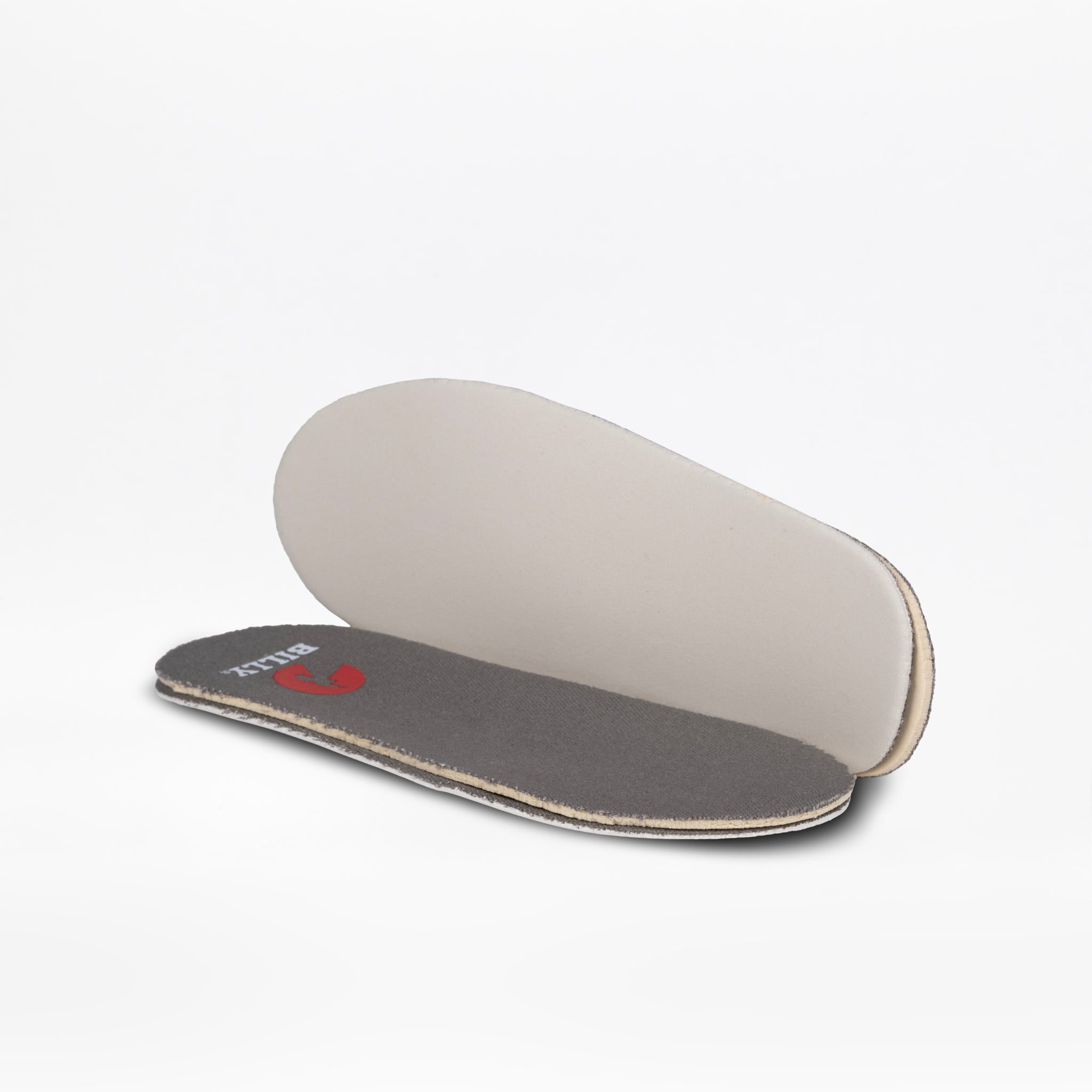 Two Dark Grey BILLY Classic D|R II High orthopedic insoles by BILLY Footwear—one shows a gray top with red logo, the other reveals the beige underside—perfect for kids' orthopedic or adaptive shoes.