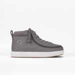 The Dark Grey BILLY Classic D|R II High by BILLY Footwear is an adaptive high-top sneaker with a side zipper, lace-up front, and white rubber sole, shown against a plain white background.