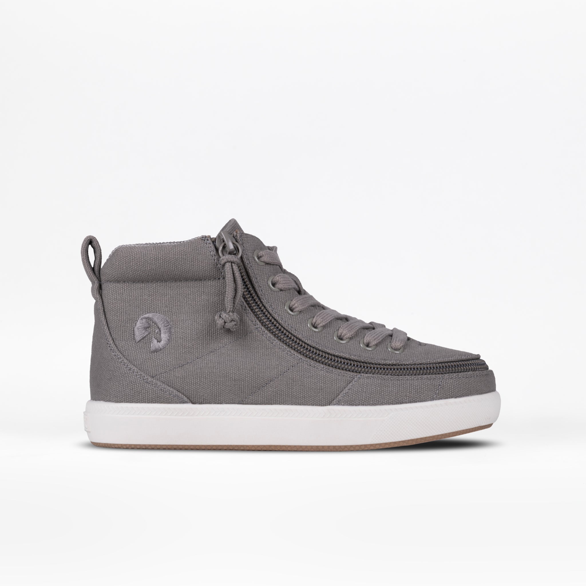 The Dark Grey BILLY Classic D|R II High by BILLY Footwear is an adaptive high-top sneaker with a side zipper, lace-up front, and white rubber sole, shown against a plain white background.