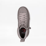Top view of the Dark Grey BILLY Classic D|R II High sneaker with laces and a side zipper, featuring the BILLY Footwear logo on the insole. This adaptive, AFO-friendly shoe is set against a plain white background.