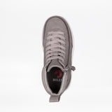 Top view of the Dark Grey BILLY Classic D|R II High sneaker with laces and a side zipper, featuring the BILLY Footwear logo on the insole. This adaptive, AFO-friendly shoe is set against a plain white background.