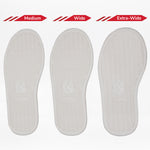 Three white insoles for the BILLY Footwear SALE - Lilia's Eye Candy BILLY Classic D|R II High are shown side by side, labeled Medium, Wide, and Extra-Wide—ideal for extra wide kids’ shoes or AFO-friendly shoes with removable insoles.
