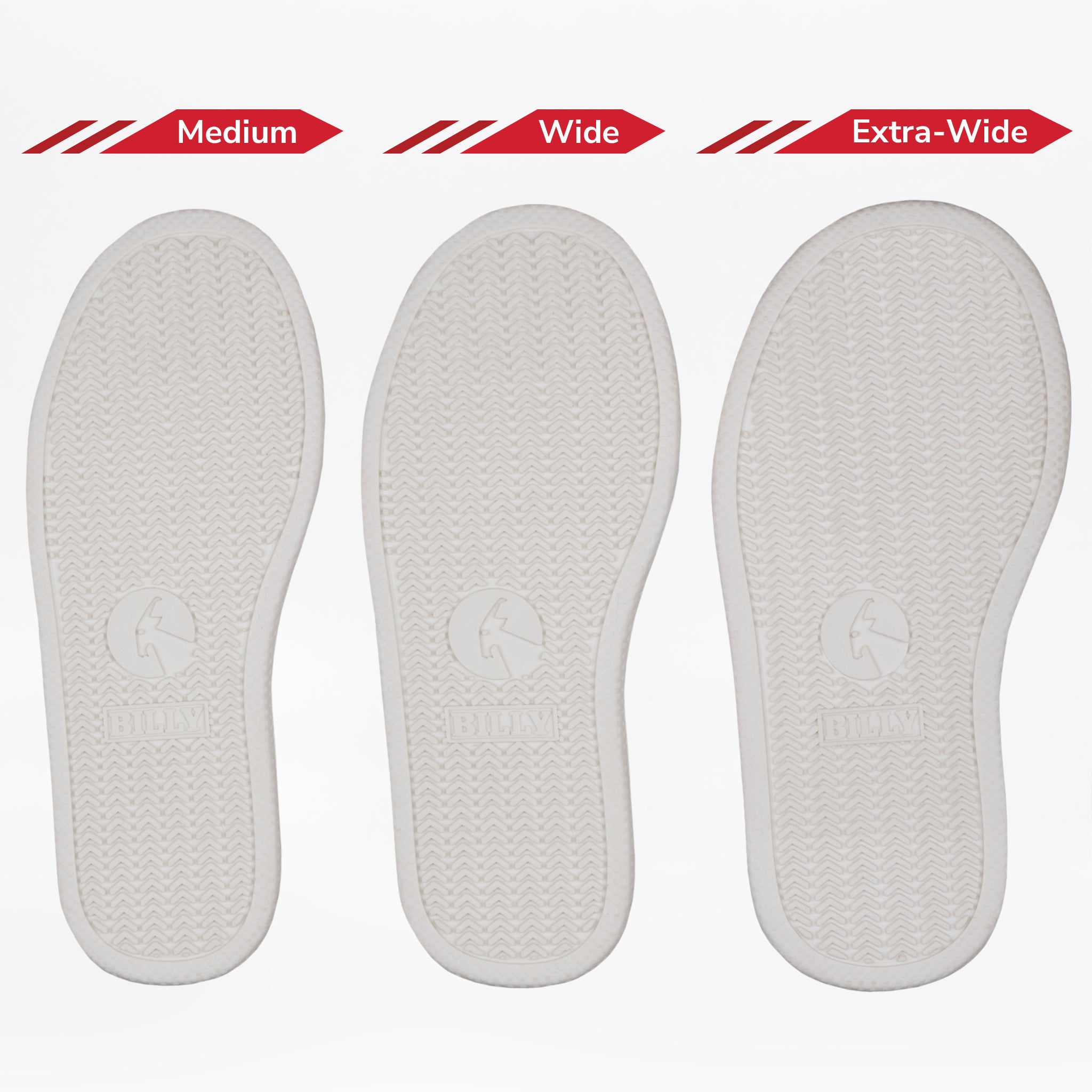 Three white insoles for the BILLY Footwear SALE - Lilia's Eye Candy BILLY Classic D|R II High are shown side by side, labeled Medium, Wide, and Extra-Wide—ideal for extra wide kids’ shoes or AFO-friendly shoes with removable insoles.